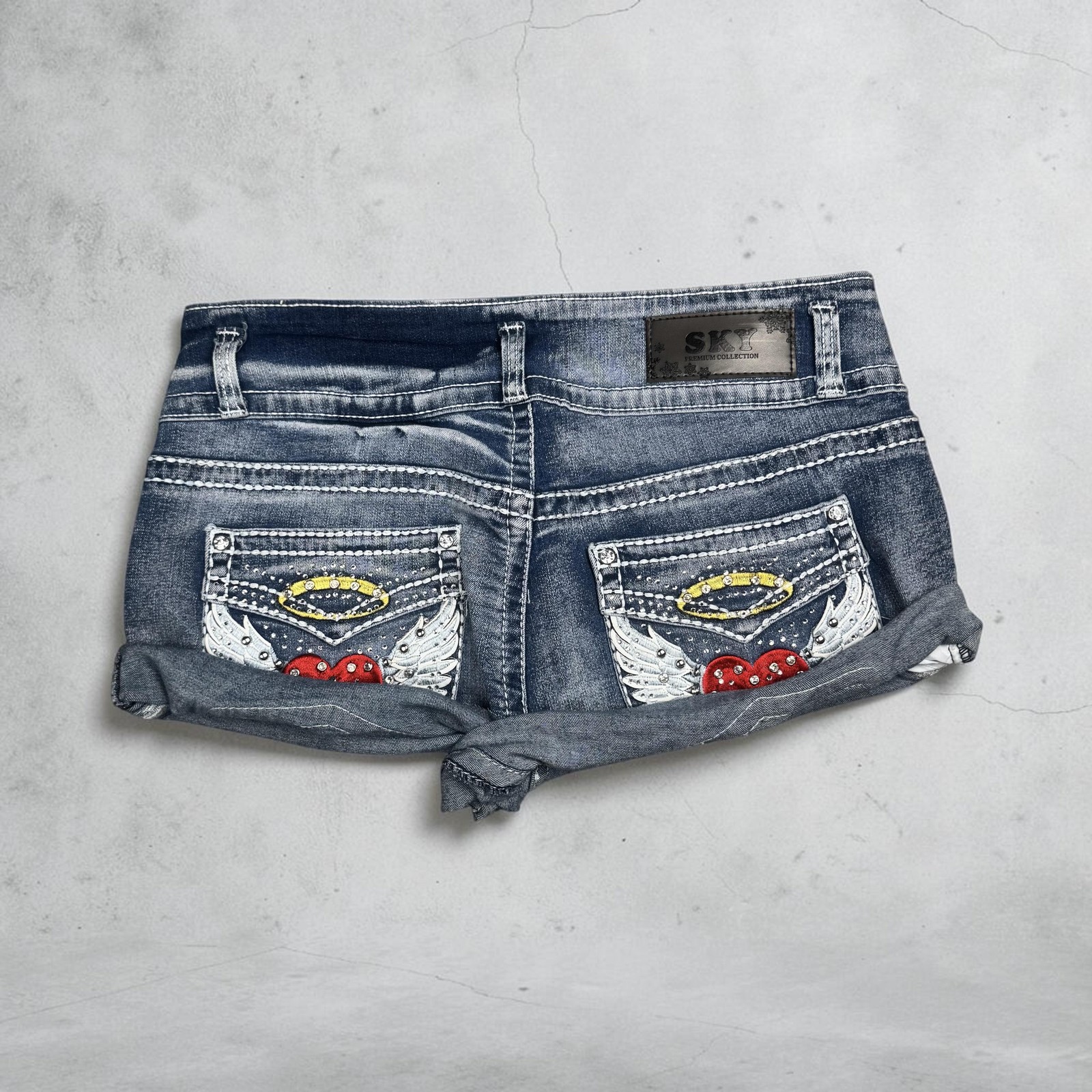 SKY Denim Shorts Juniors 13/14 Blue Rolled Cuff Winged Heart Embellished Casual