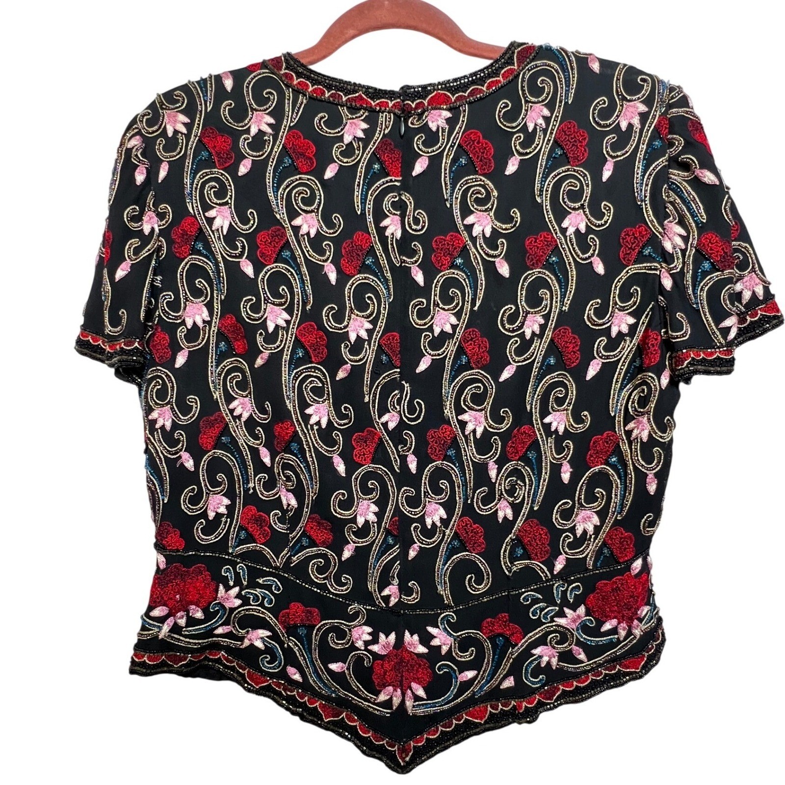 Papell Boutique Evening Silk Beaded Embroidered Floral Top Black Red Pink Large