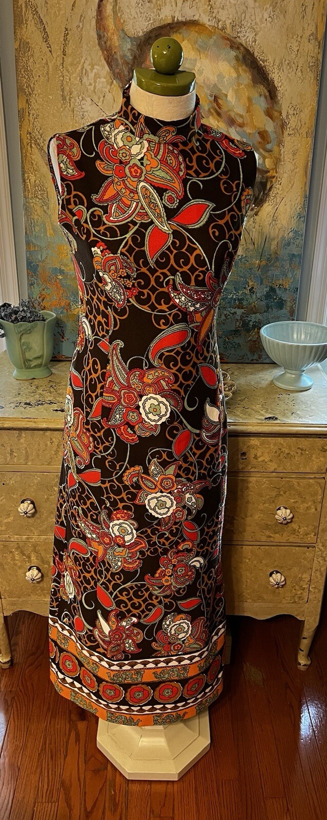 Rare Vintage Gilmar Canada Brown Mod Print Double Knit Maxi Hostess Dress-Med