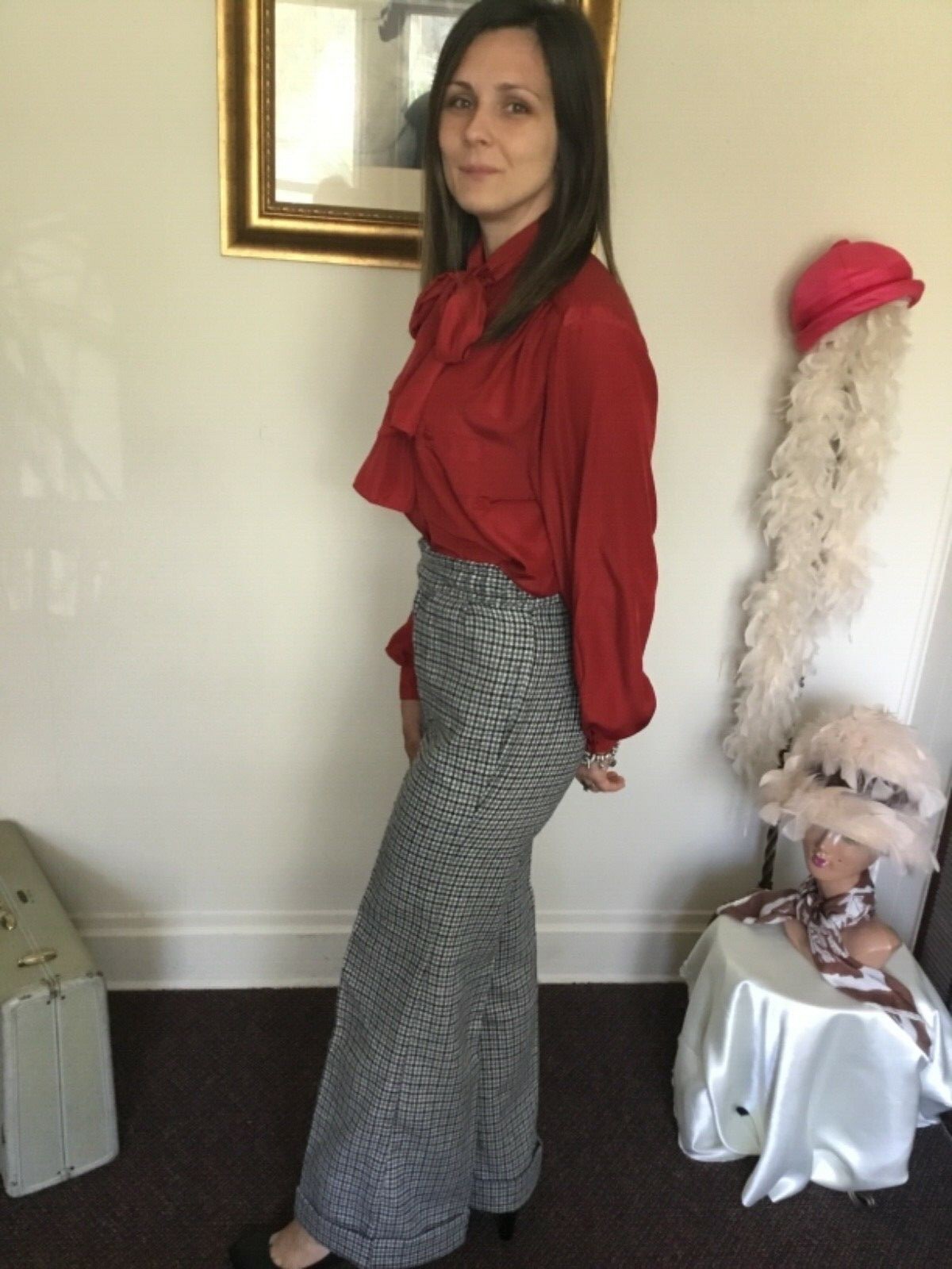 60’s Vintage Ivory Hi Rise Black Gray Hound’s-tooth Bell Bottom Pants