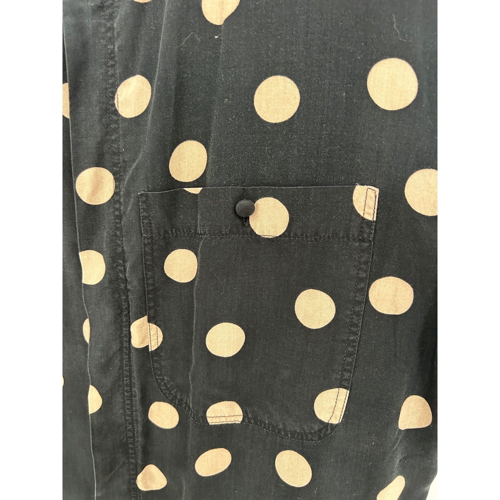 Lizwear Vintage Polka Dot Rayon Button Down Shirt Black Tan Large Short Sleeve