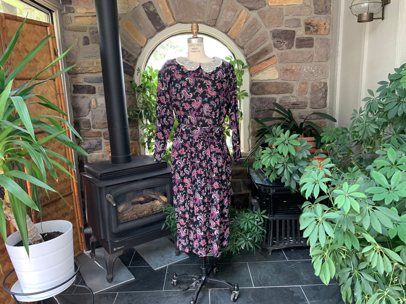 Vintage 1980s Black Fuchsia Turquoise White Paisley Print Rayon Dress Studio 36