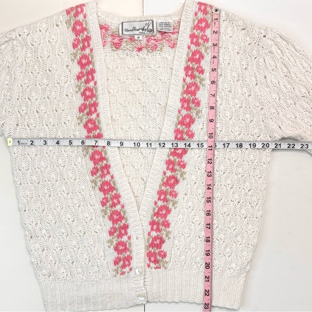 Vintage Cottage-core 80’s White Pink Floral Hand Knit Granny Cardigan Sweater