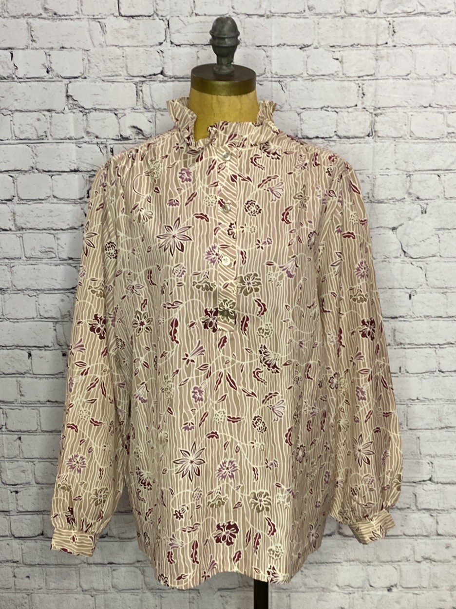 Vtg Cos Cob 60’s Ruffle Collar Button Floral Shirt Dressy Retro Poly 38