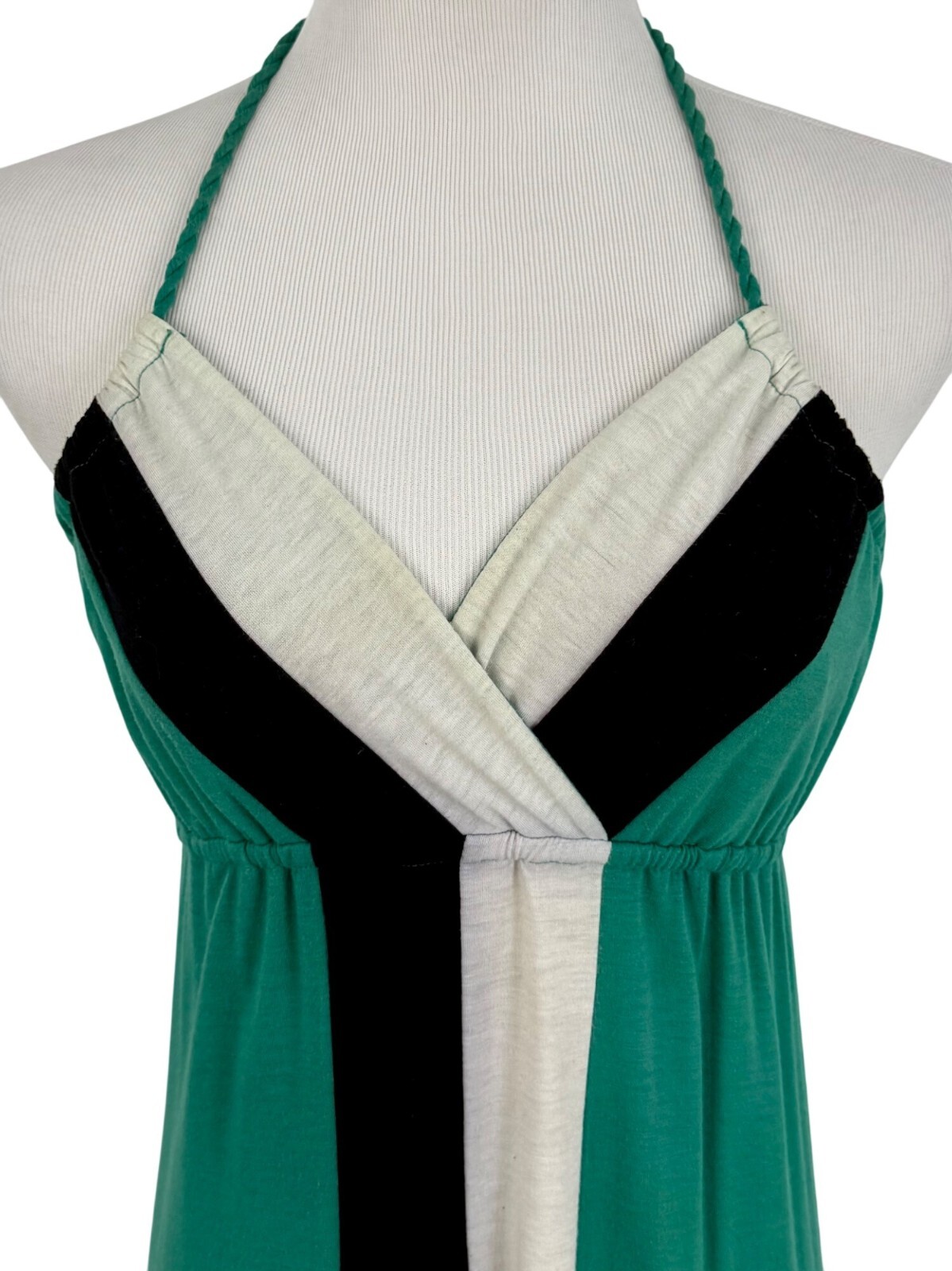L8ter Vintage 90s Casual Green Gray Black Striped Color Block Halter Maxi Dress