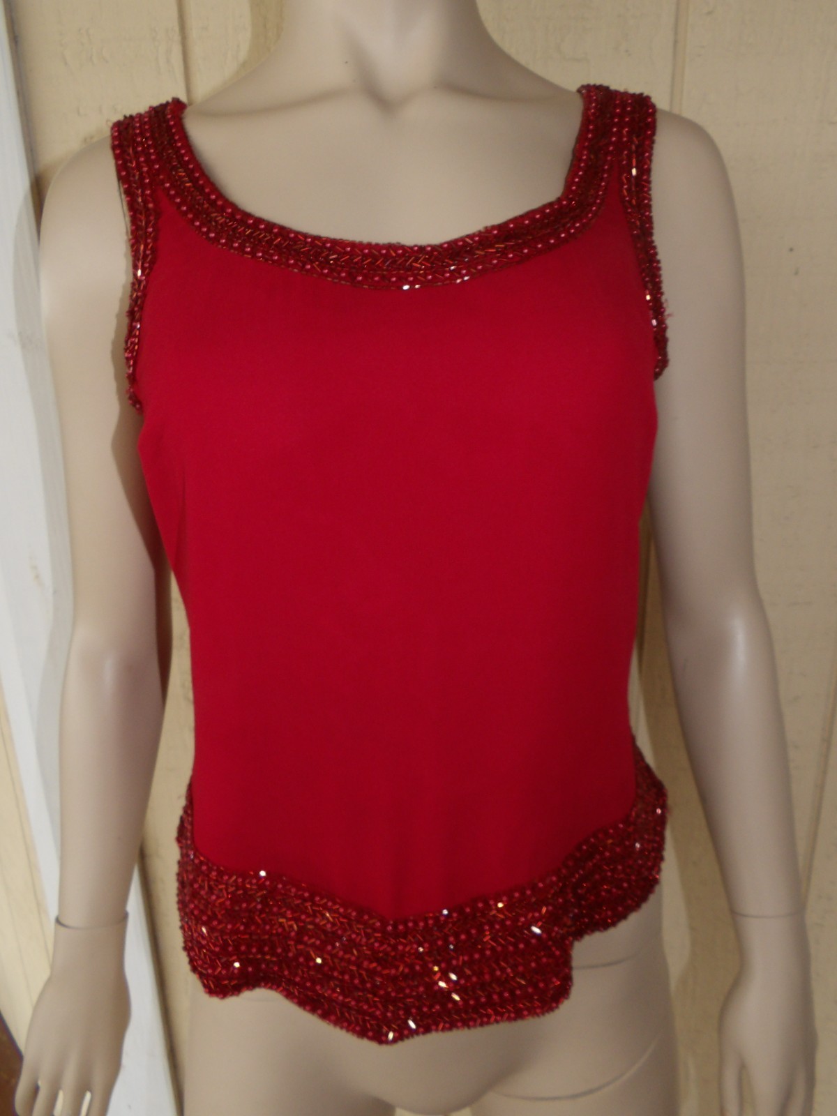 JKARA New York 8 M Cardigan Topper Jacket Tank Top Red Sheer Beaded Vtg 90s Retr