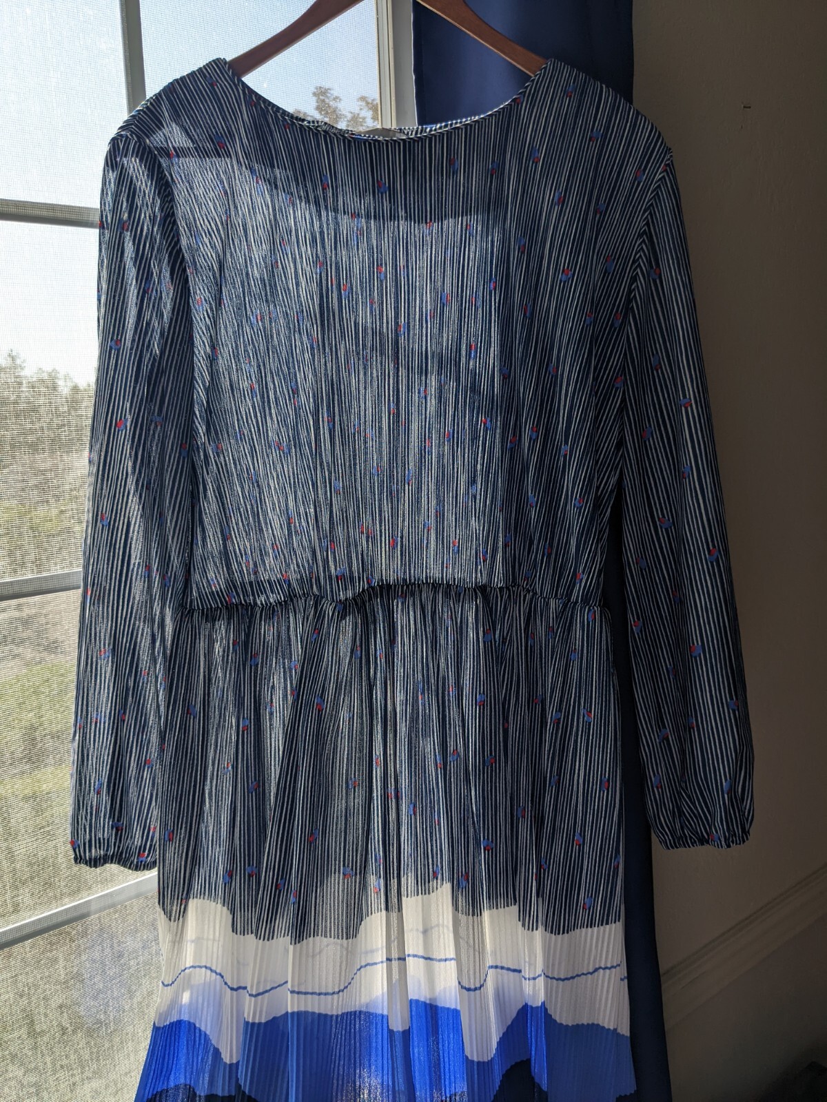 Vintage CB New York Women’s 1X Blue White Abstract Pleated Long Sleeve Dress
