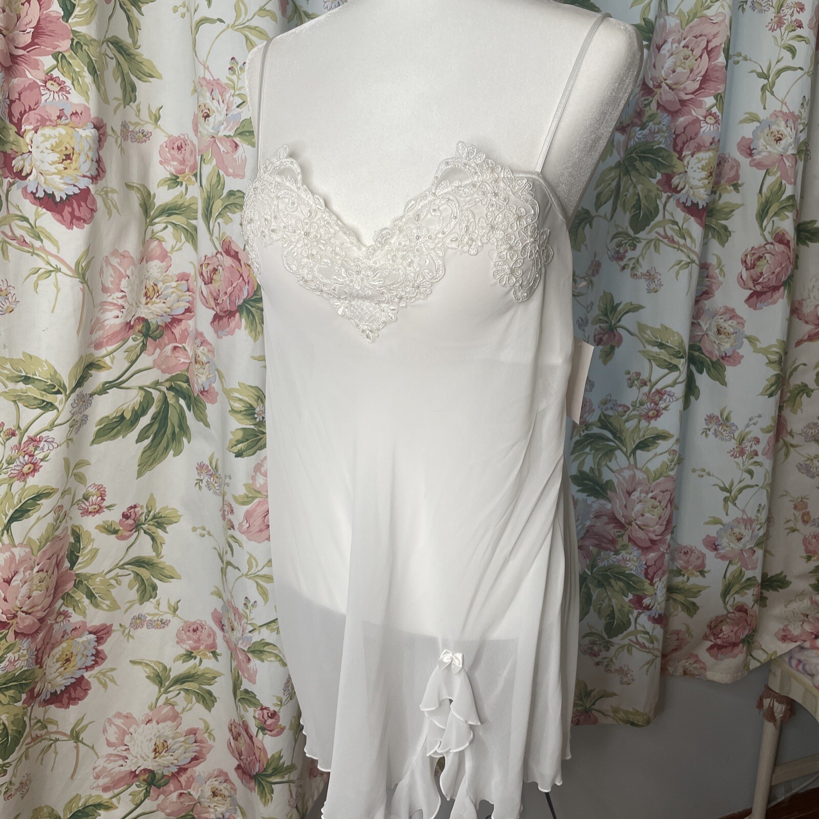 Vtg NWT Linea Donatella Bridal Chemise Sheer Ivory Pearl sequin Babydoll slip