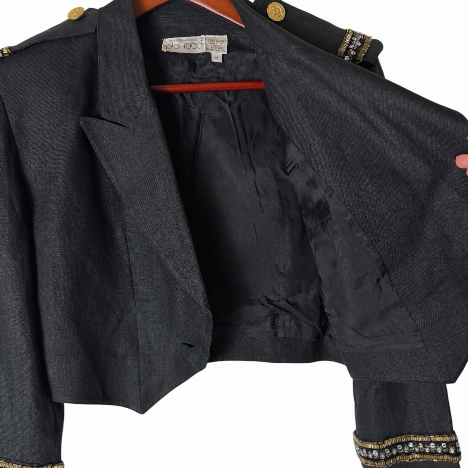 Vintage Pia Rucci Black Linen Cropped Spencer Jacket Military Beaded Blazer Sz 6