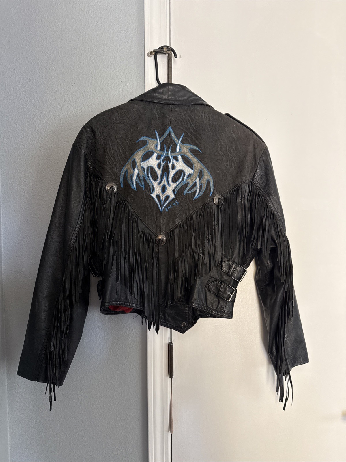 Vintage CHIA 80s Leather Women’s Black Cropped Fringe Jacket Size M Customized