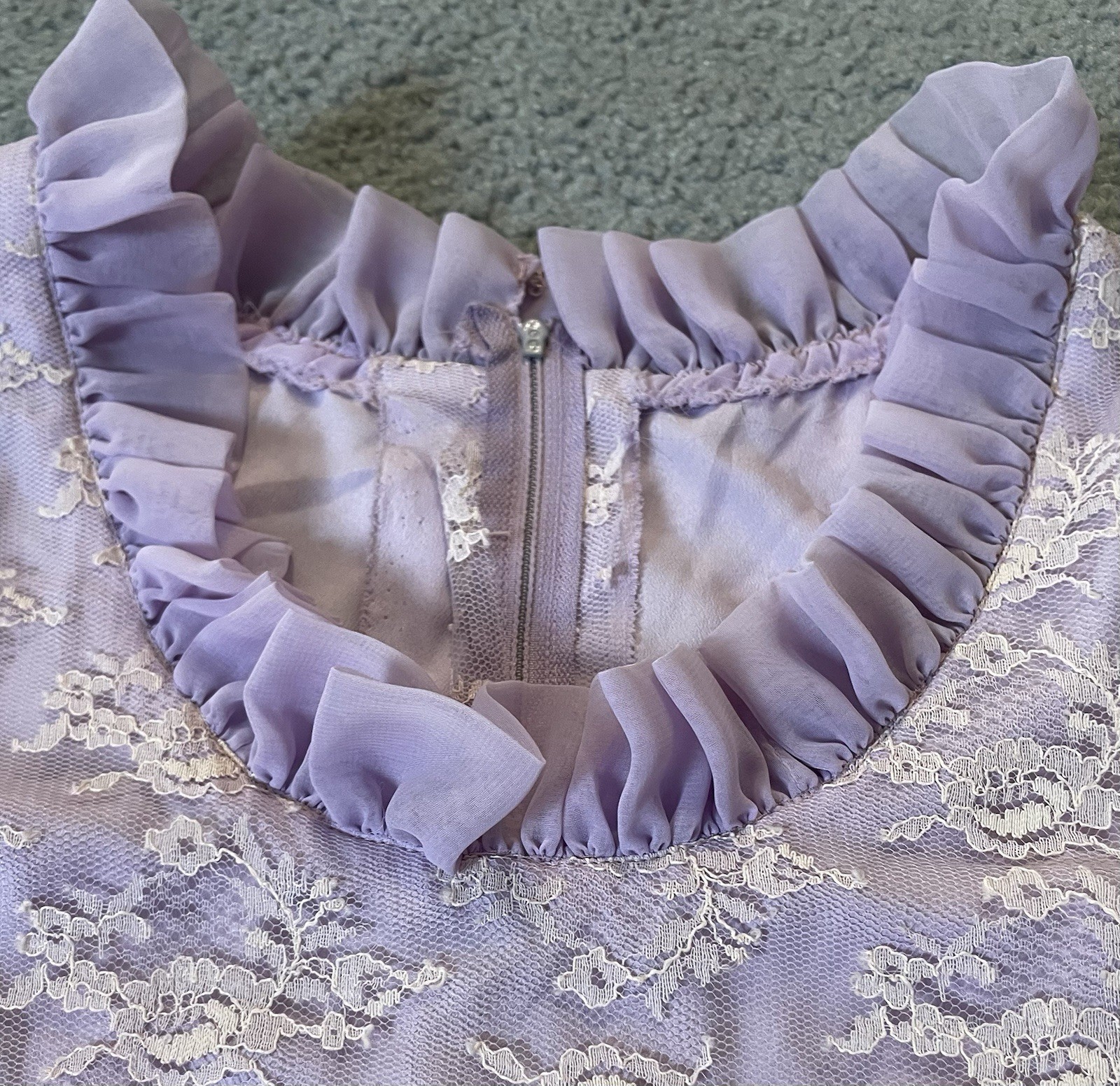 Vtg 70s Handmade Victorian Maxi Dress Sz L Lavender Floral Lace Overlay Prairie