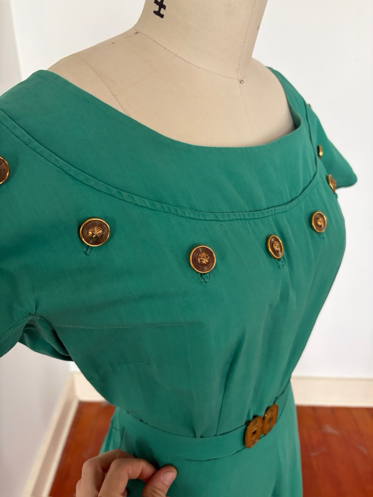 1950s Jade Green Polished Cotton Day Dress Midi Bateau Neck Crest Buttons Resort