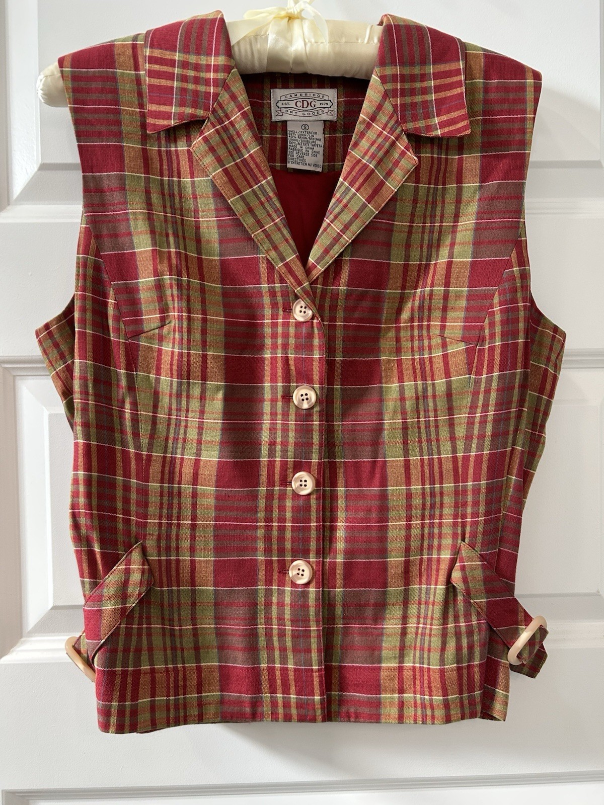 VTG Cambridge Dry Goods Plaid Vest Women S Linen Rayon Button Front Academia