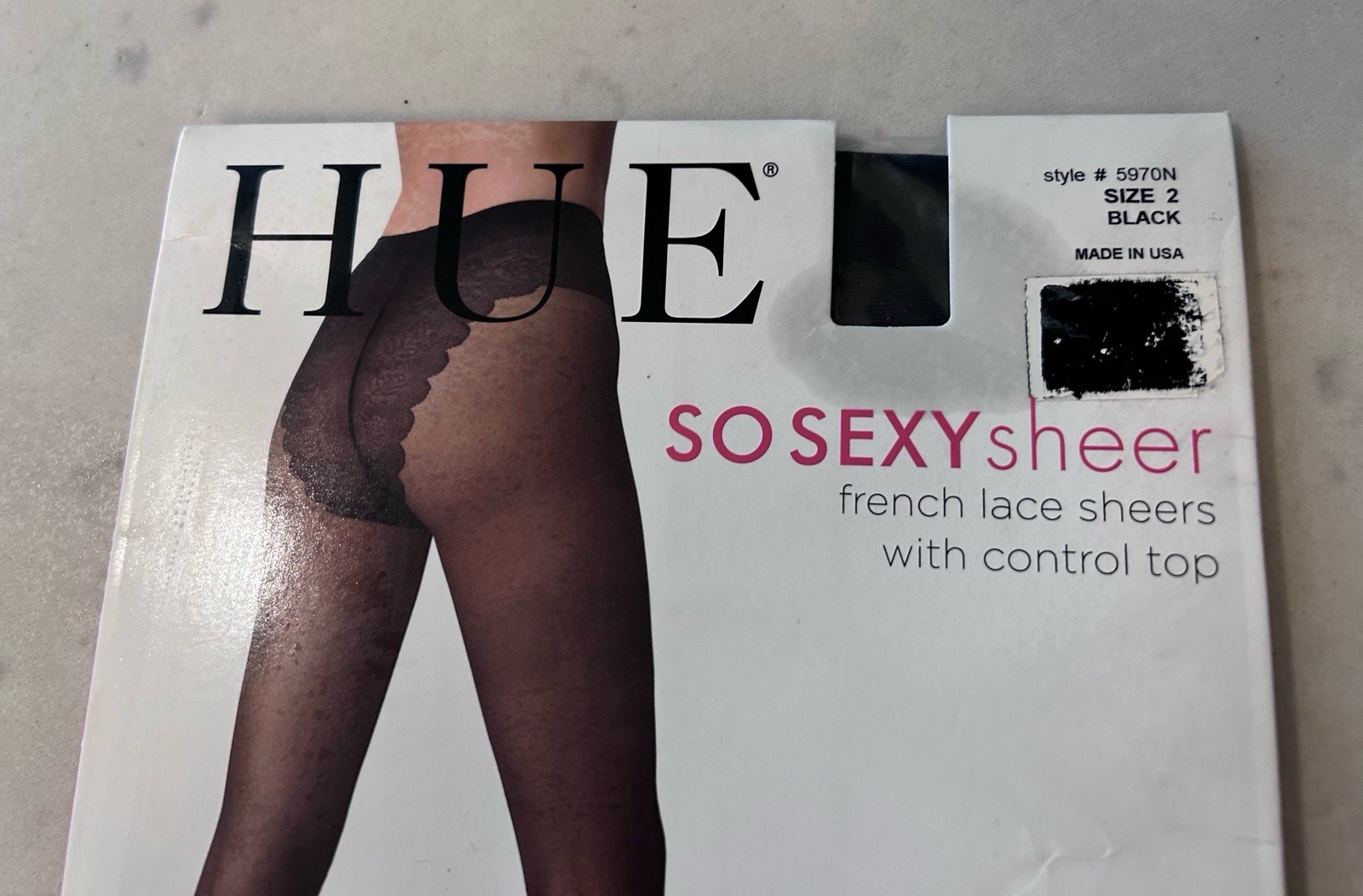 HUE So Sexy French Lace Sheer Pantyhose with Control Top Black Size 2