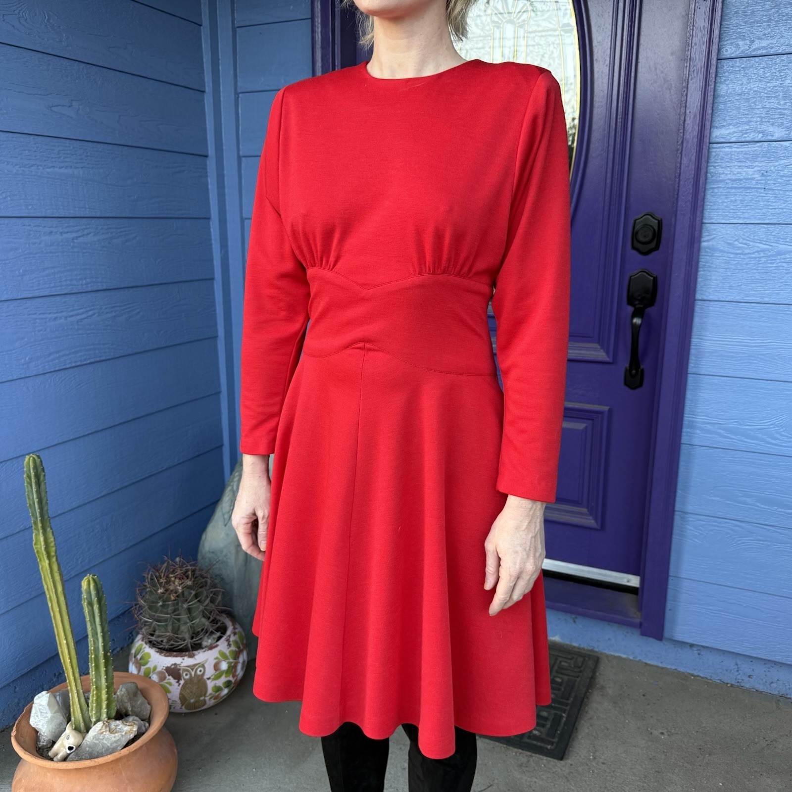 Red Studio E vintage 80s 90s Midi dress long sleeves Size Small Holiday Party