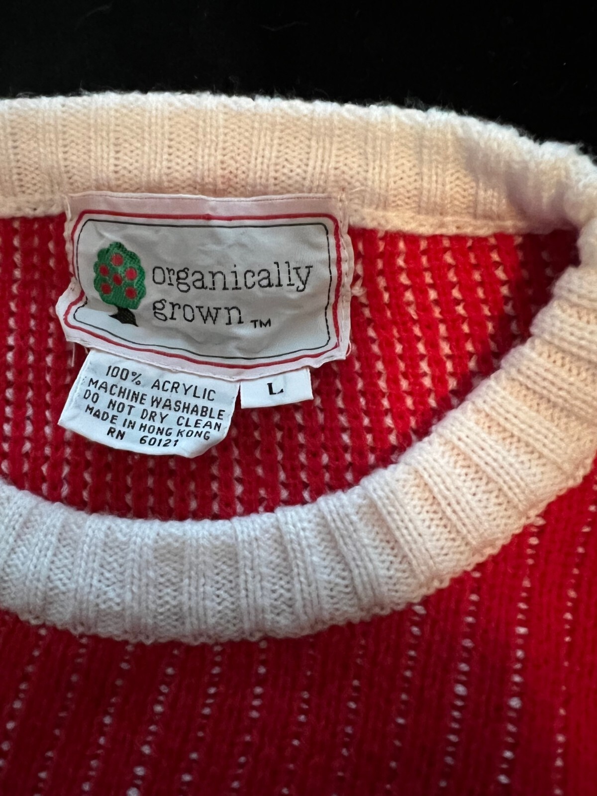 Vtg 80s Organically Grown Large Red Yellow Blue White Sweater Oversize Crew Neck