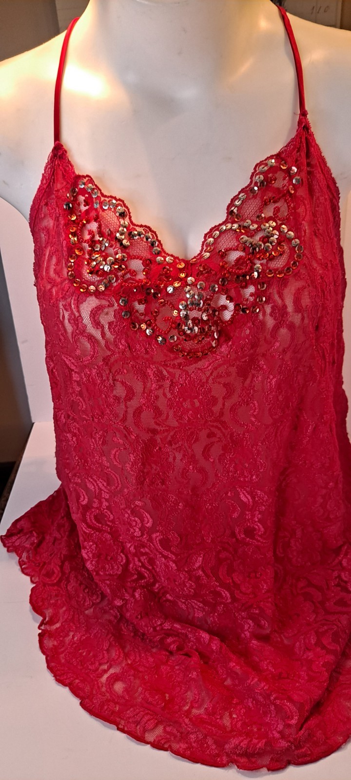 Vtg 90s Lacey Nylon Spaghetti Strap Sequined Sexy XL Top Or Nightie