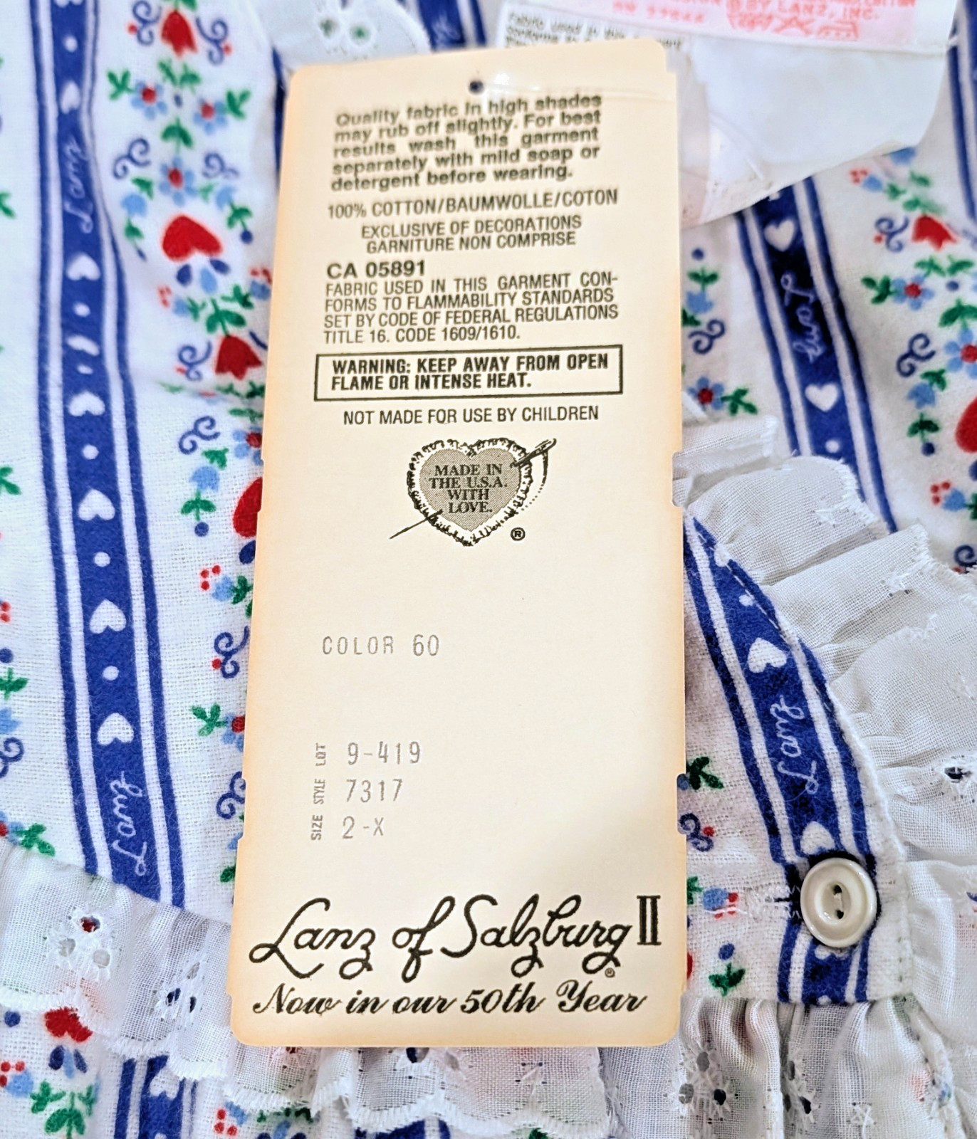 NEW LANZ 2X Tyrolean Hearts Floral Stripe Eyelet Lace 49″ Long Flannel Nightgown