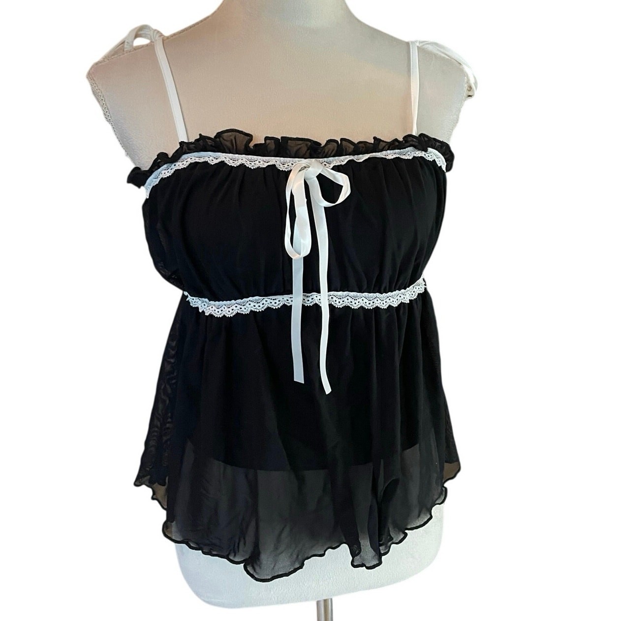 Coquette Lace Trim Babydoll Cami Top | Y2K Fairy Grunge Sheer Chiffon Ribbon