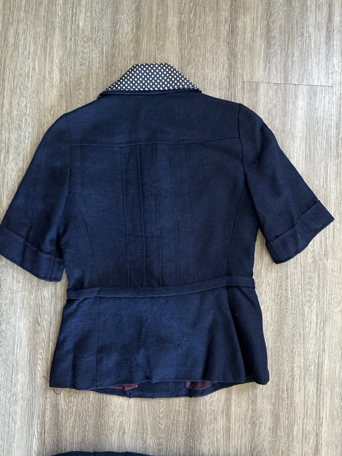 Vintage French Suit Skirt Blue Linen Button Front Belted Pleat Midi Dior Look XS