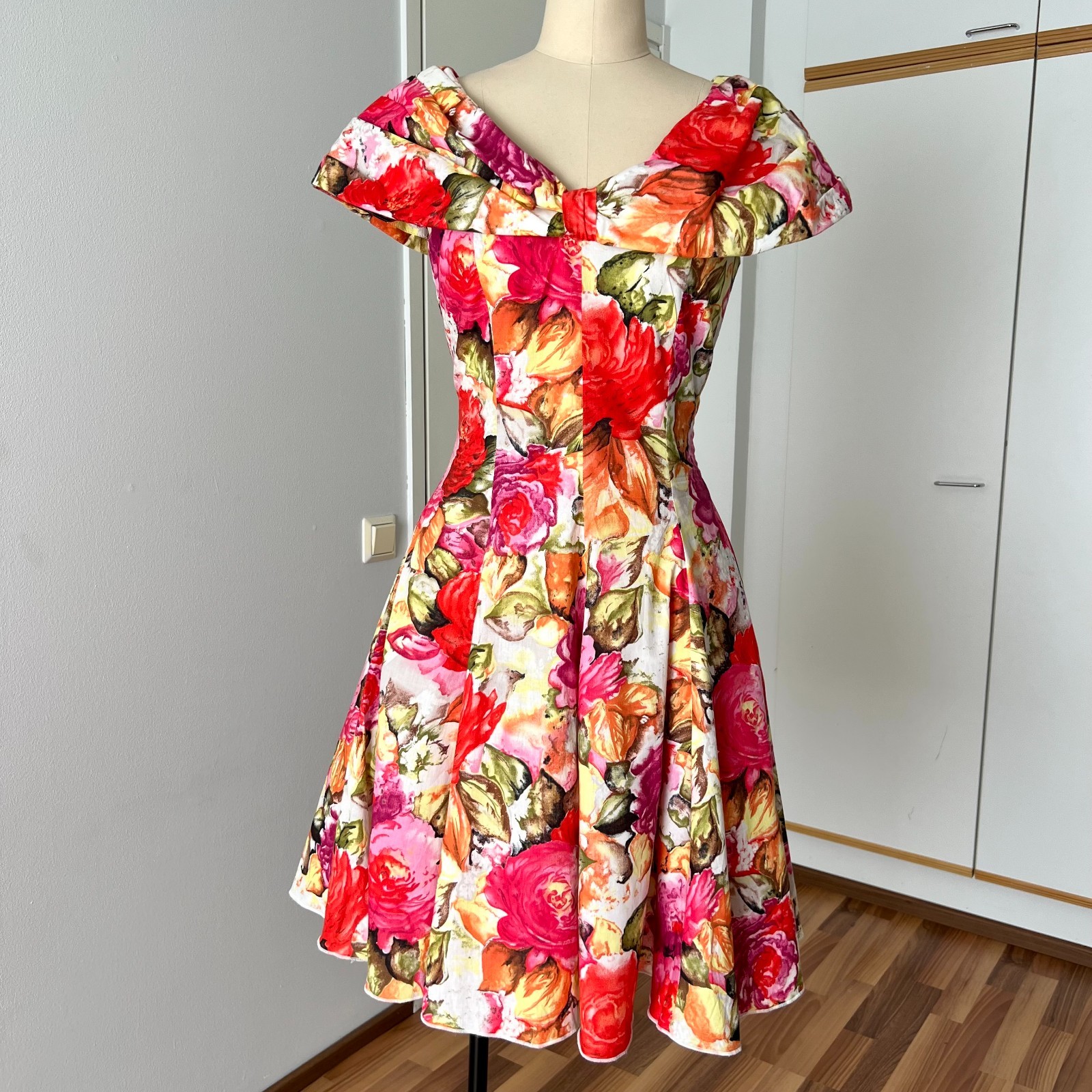 1980s Floral Rockabilly Cotton Dress Off Shoulder Fit & Flare Pin Up Party Retro