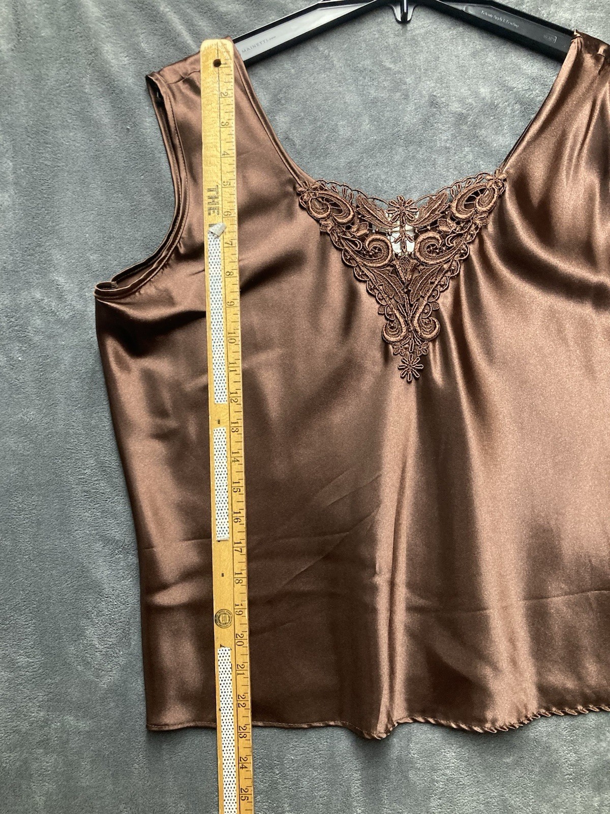 VTG ESCAPADES Coffee Brown Satin Cami Tank Top Applique Lace Forest Fairy USA L