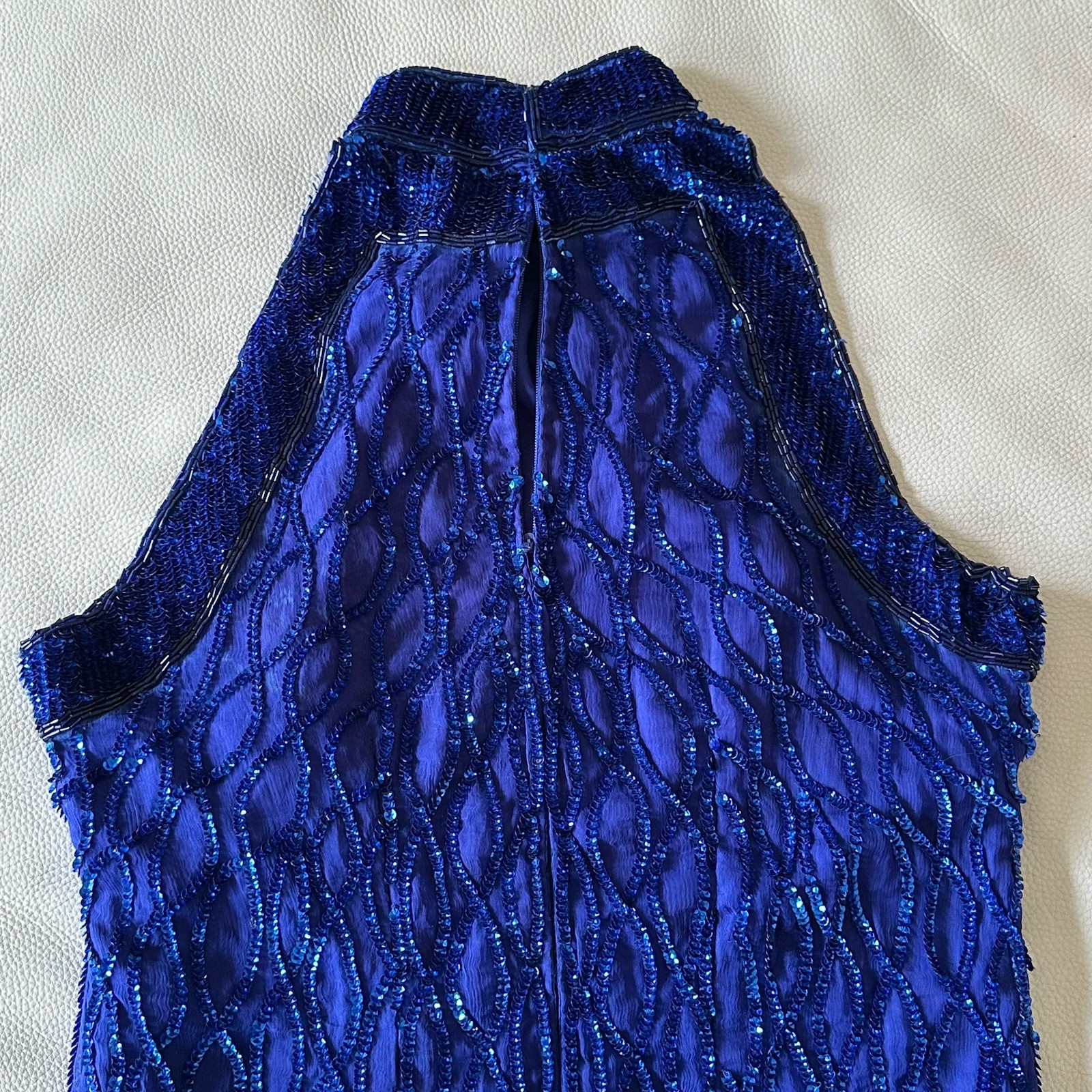 Vintage LAURENCE KAZAR Royal Blue BEADED Sequin Silk HALTER GOWN Long Formal M