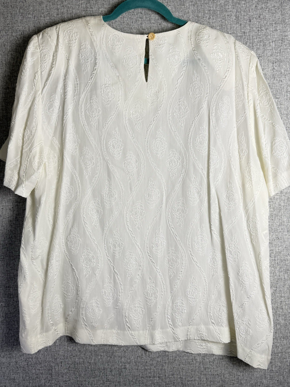 Vintage 80s/90s Damask Jacquard Floral Ivory Blouse Short Sleeve Shirt 1XL/2XL