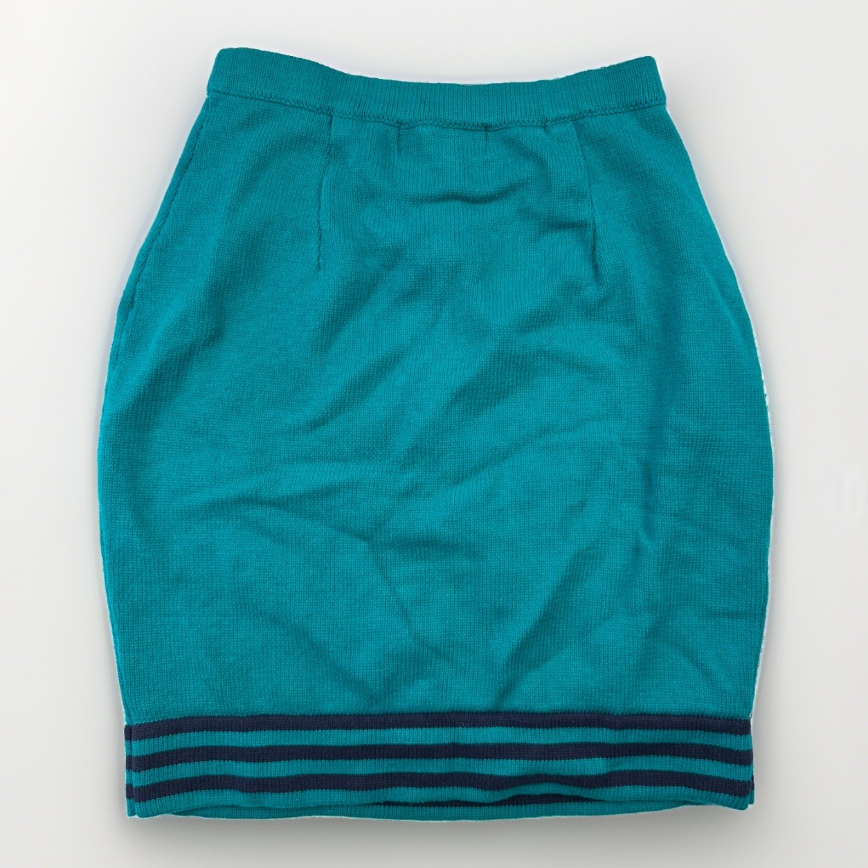 Vintage Casual Corner Teal Knit Pencil Skirt Sz S 100% Cotton NWOT Striped Hem