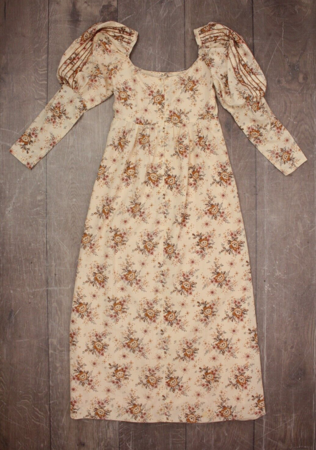 Vtg Women’s 70s Cream & Brown Floral Prairie Maxi Dress XS/S 1970s Cotton Quad
