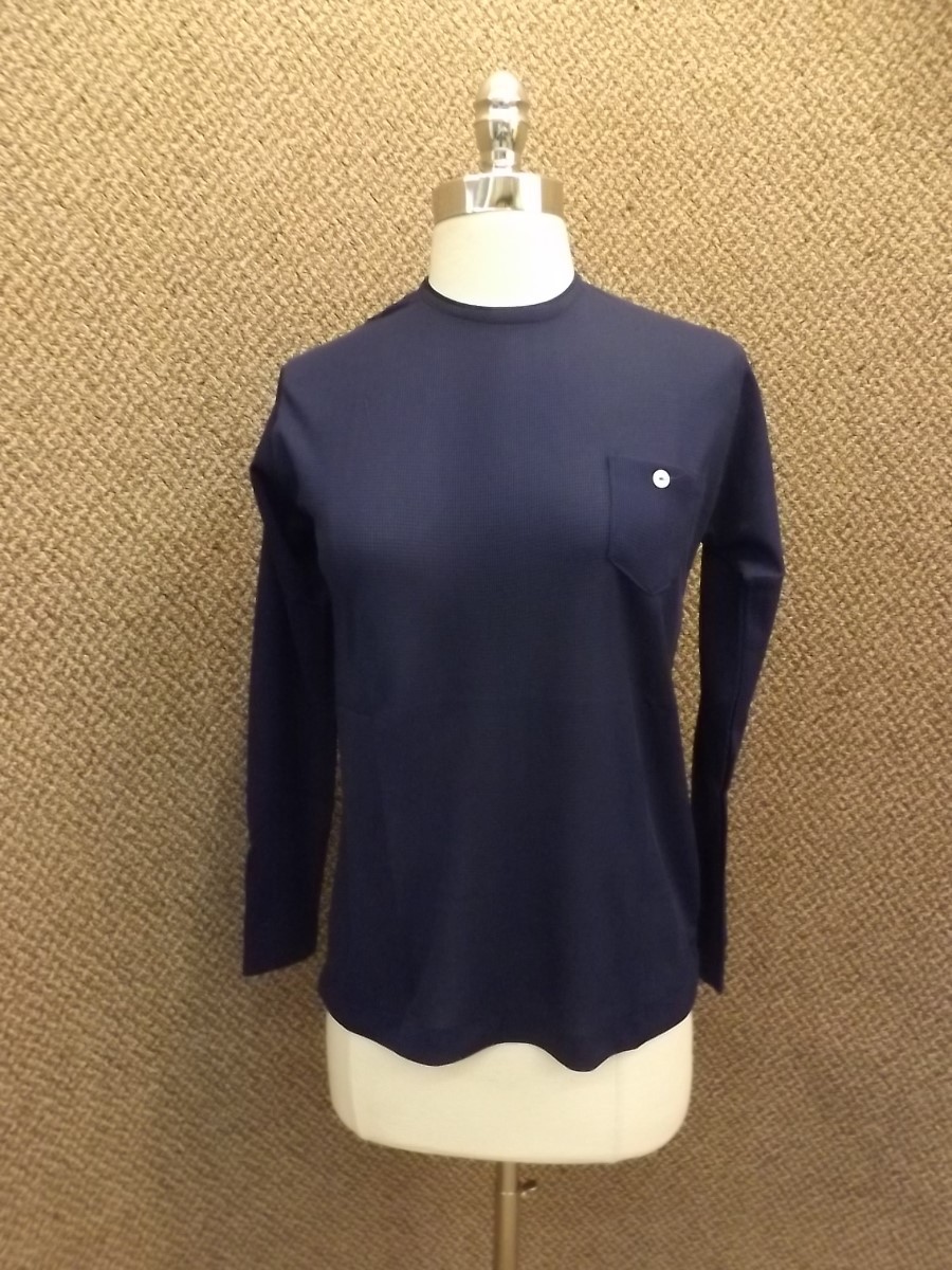NEW Vtg 70s Dark Blue Poly Knit Zipper Back Button Accent Stretch Pullover Sz S