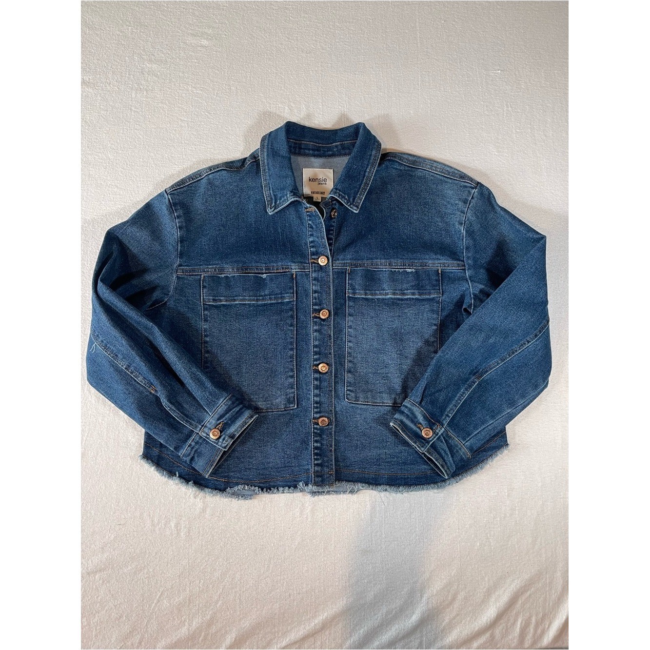 Kensie Women’s Vintage Luxe Medium Blue Boxy Denim Jacket with Chest Pockets