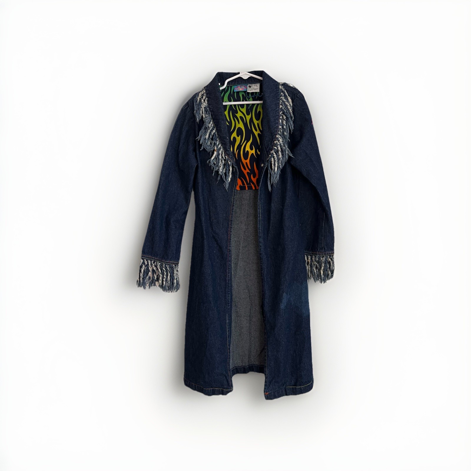 Vintage Lisa Frank Jean Coat S Juniors Dark Blue Cotton Denim Fringe Trim