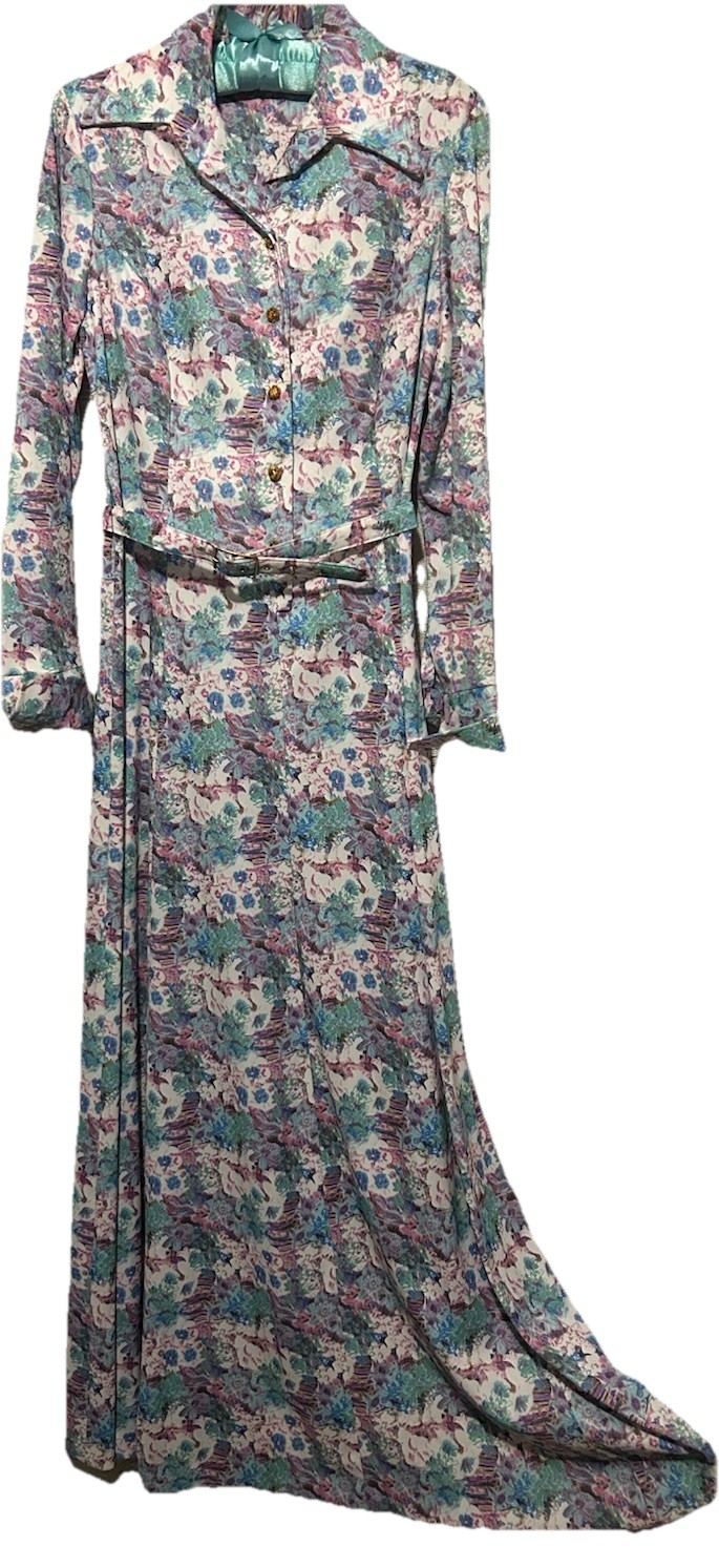 Vintage 60s Dress 10 Stretch Knit Belted Floral Print Boho Garden Party Maxi S/M