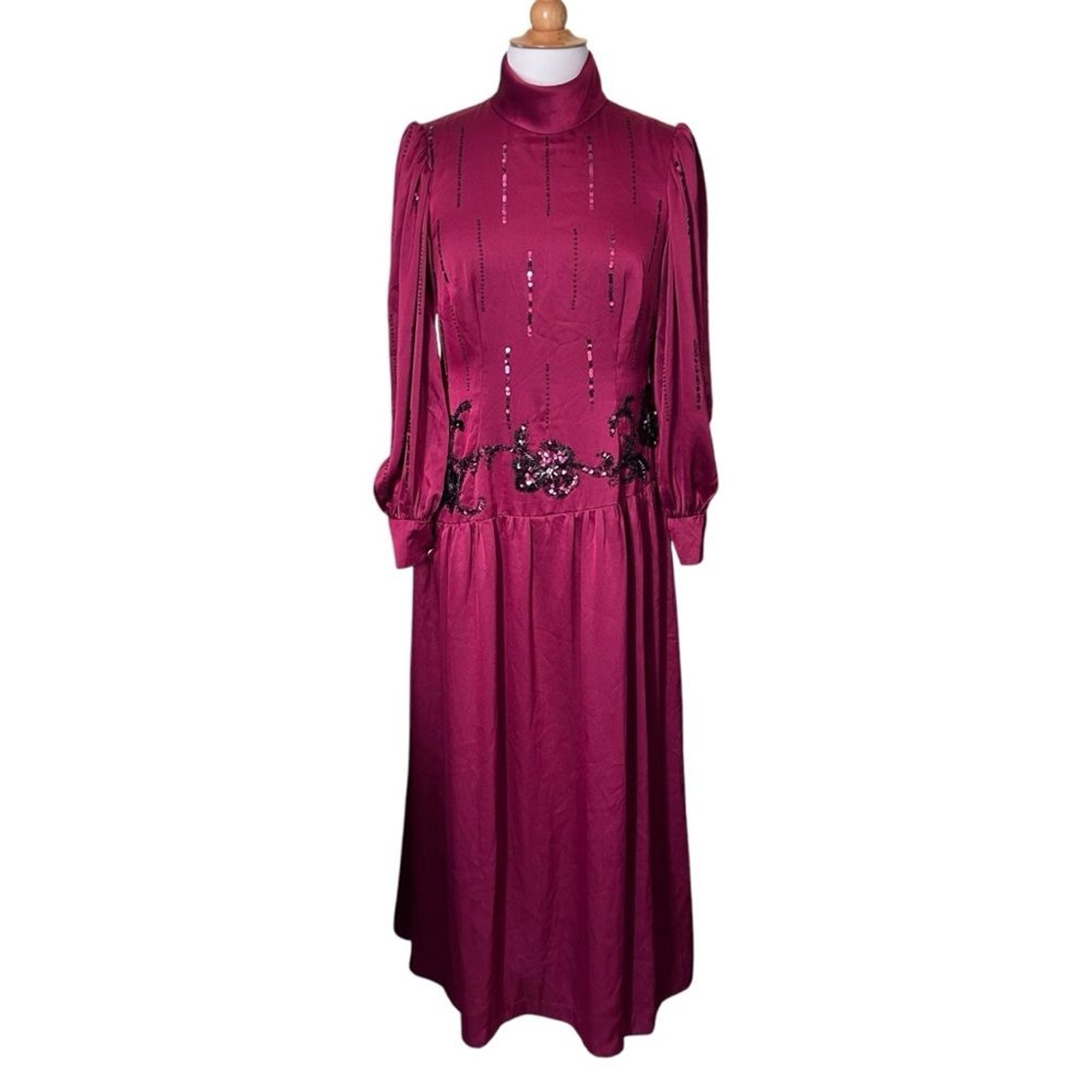 RARE! Vintage SONIA Haute Couture High Neck Long Sleeve Burgundy Evening Dress L