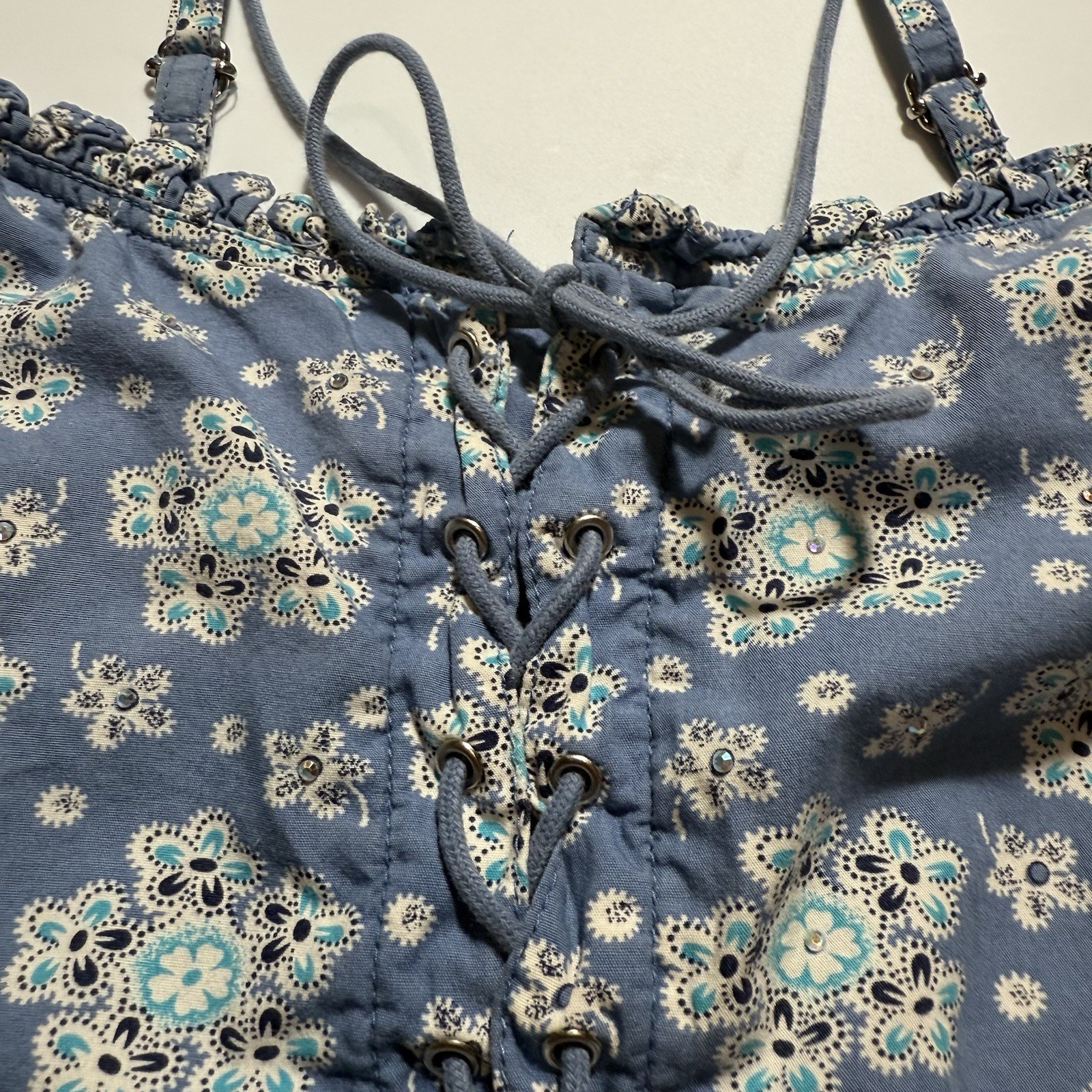 Vtg Y2K Corset Cami Top Coquette Beaded Cottagecore Delicate Lace-Up Festival L