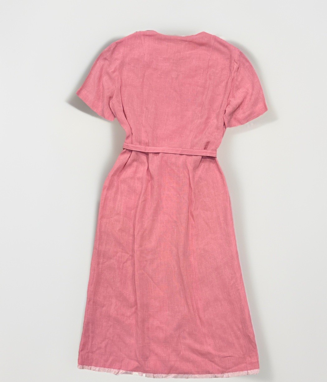 Vtg 1960s Pink Linen Rayon Dress Hand Beaded Embroidered Lady Petite 18 1/2