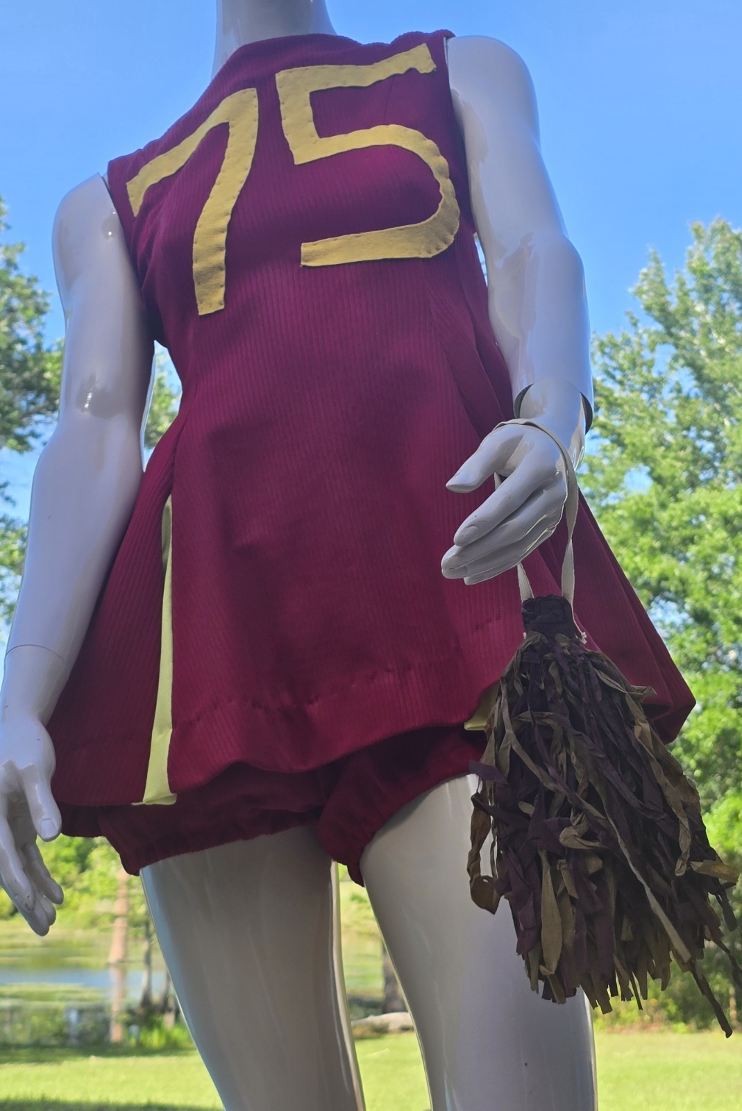 Vintage 60s 70s Cheerleading Uniform Maroon & Gold W Pom Pom