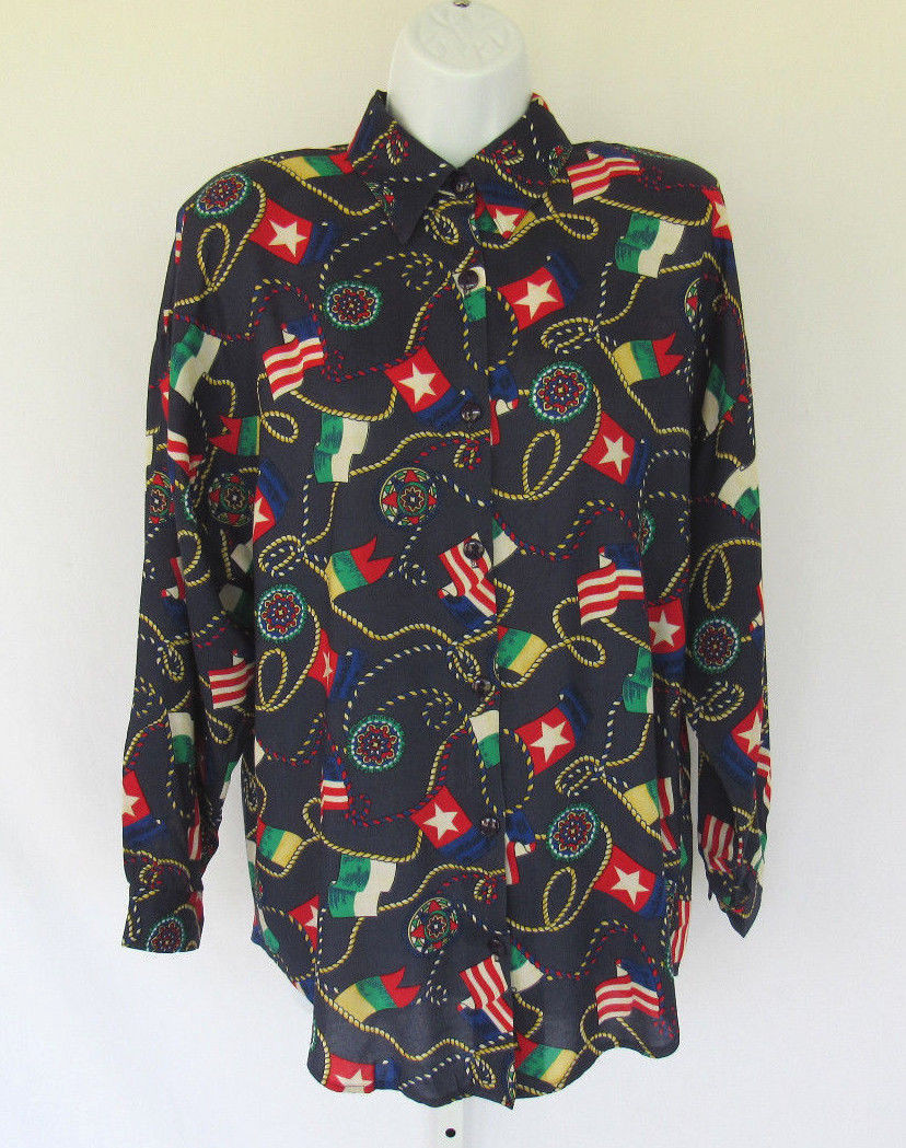 VINTAGE 1980s 90s GEMILLI BLOUSE SHIRT SIZE MEDIUM FLAGS BLUE 100% RAYON