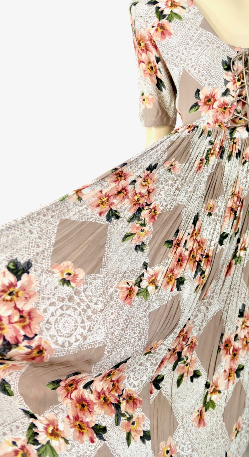 Vintage Starina Midi Maxi Fan Pleat Dress Double Corset Semi Sheer M