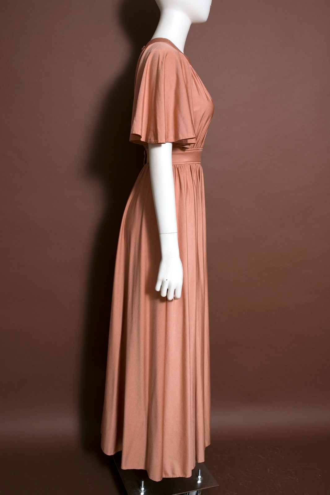Gorgeous Vintage 70s Nude Cocoa Blush Draped Maxi Dress with Full Skirt