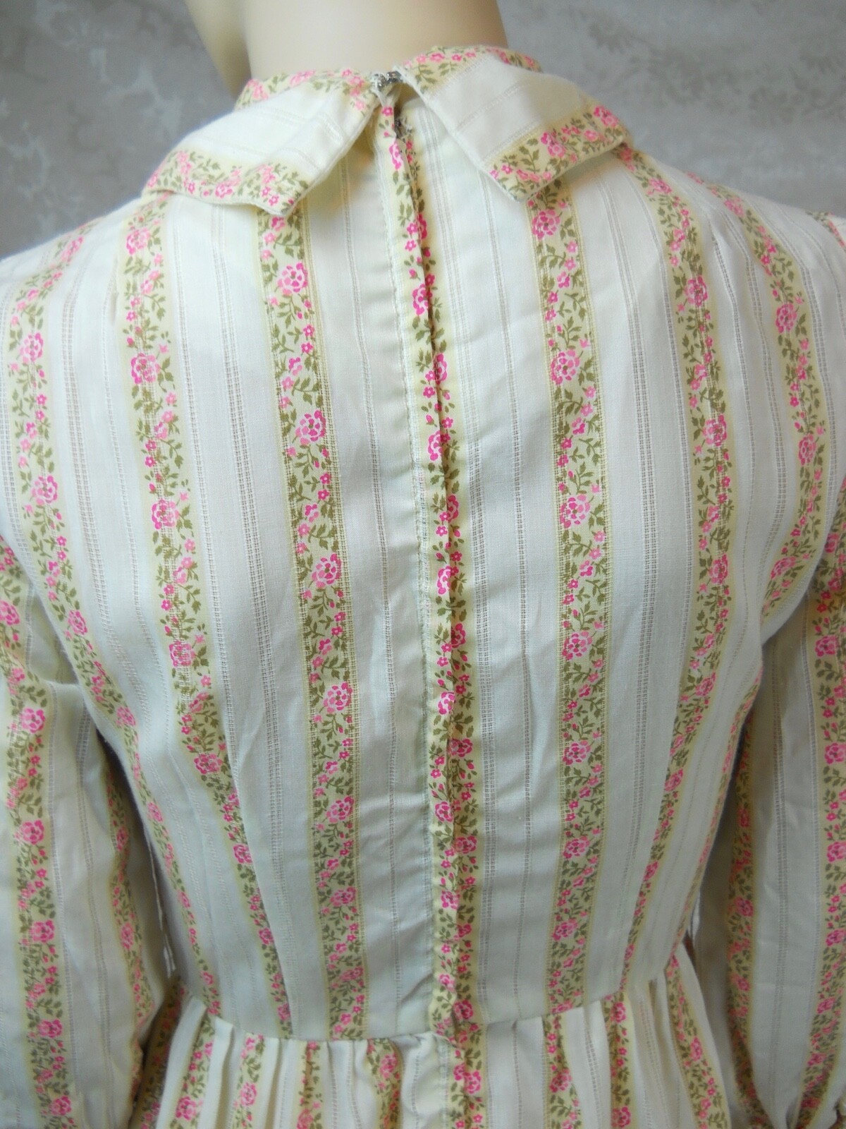 Stacy Ames Prairie Dress Cream Yellow Stripes Pink Flower Metal Zipper S Cottage