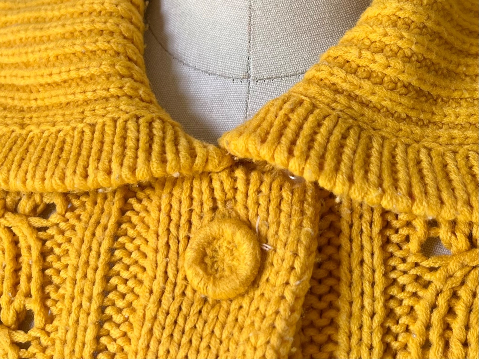 Vintage Hand Knit Mustard Yellow Button Up Sweater Chunky Cardigan