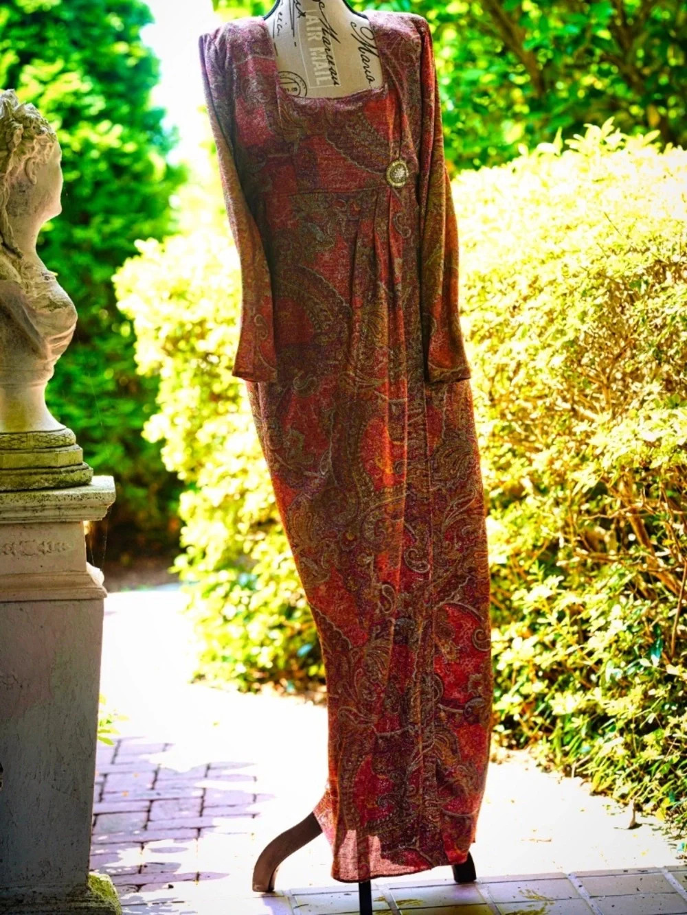 Vintage Paisley Print Maxi Dress Long Sleeve Boho 70s Style No Tags