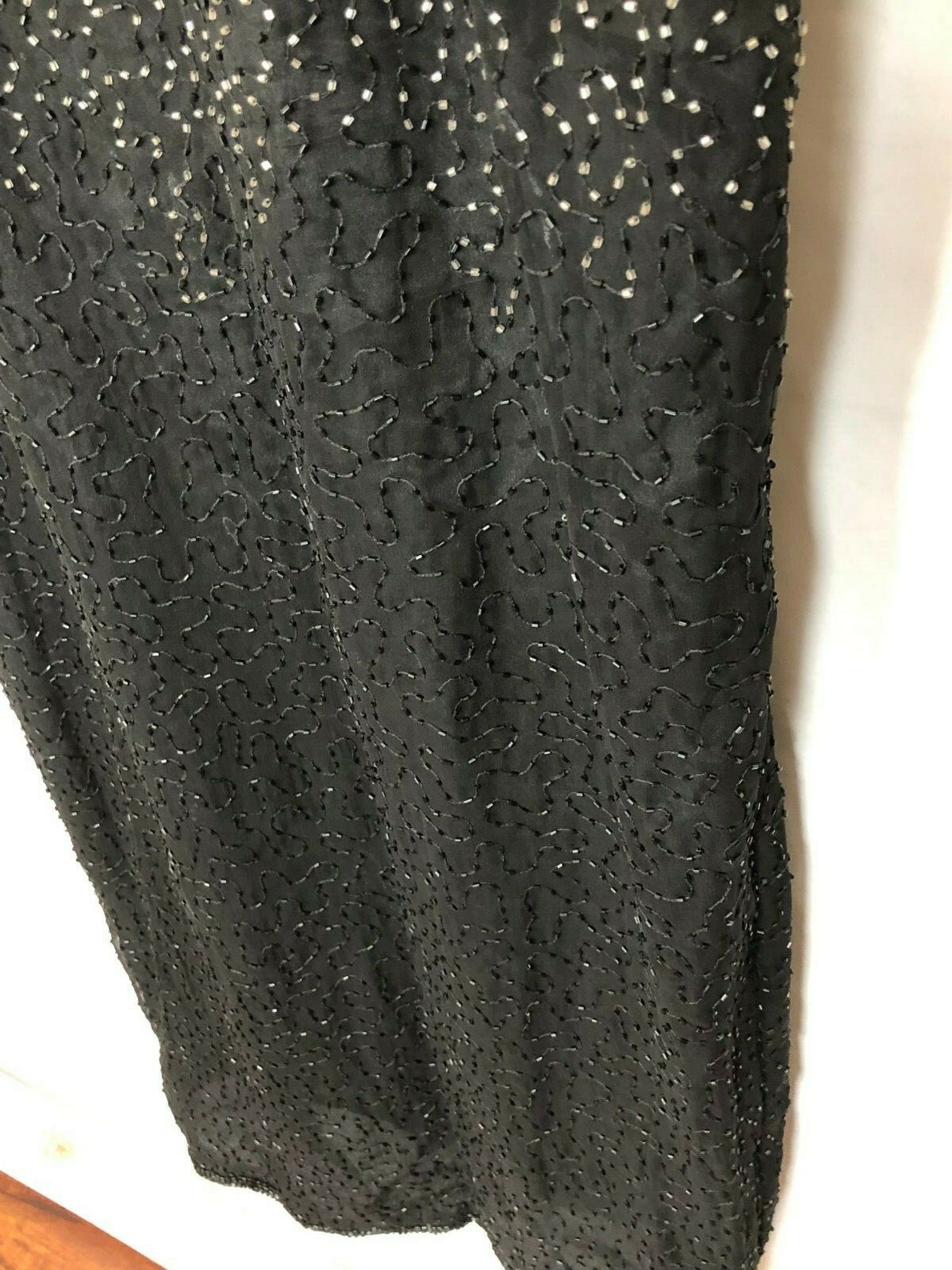 Vtg 80s Beaded Maxi Dress Evening Gown Black Silk M Glam Sparkle Romantic Goth