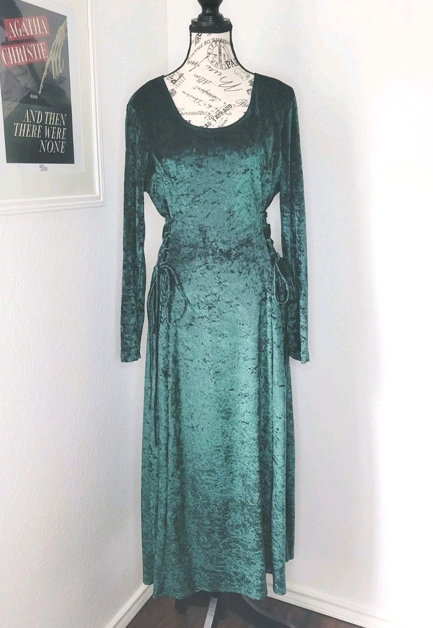 Vintage Crushed Velvet Emerald Green Maxi Dress Whimsygoth Lace Up Size Large