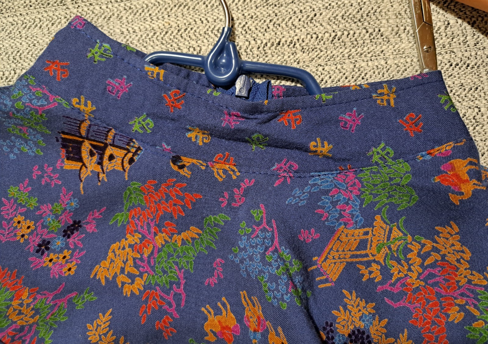 Vtg HUMMELSHEIM 1970s Long Sleeve Stand Collar Asian Pattern Blue Dress Sz 36