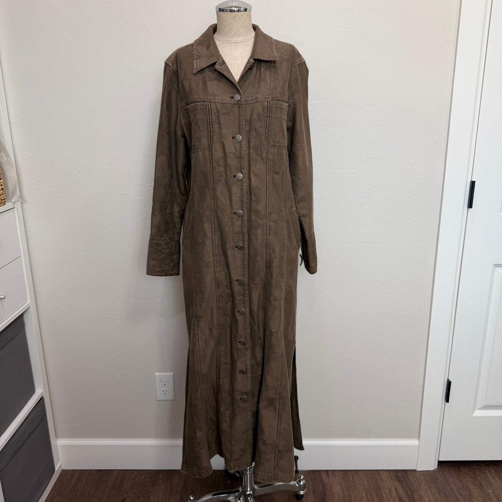 VTG J. Jill Out of the Blue 8 Long Coat Duster Maxi Floral Jacquard Brown Olive