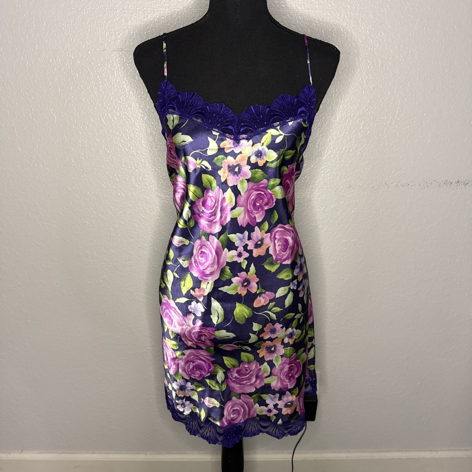 VTG Gold Label Victorias Secret Satin Slip Dress Nightgown Lace Floral Print L