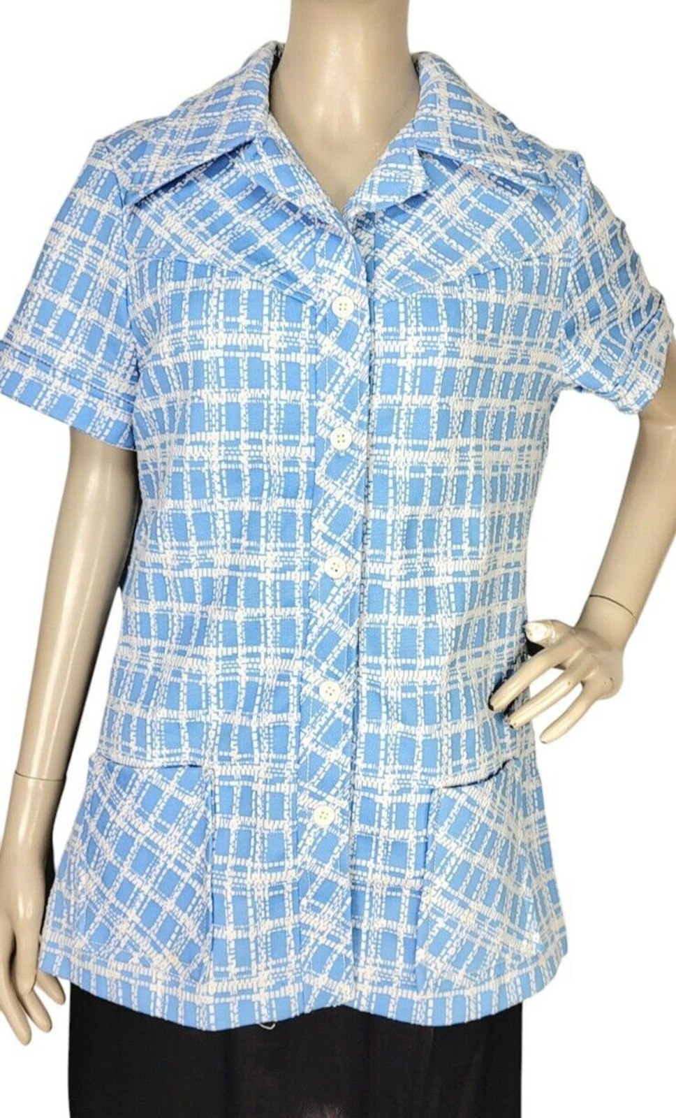 Vintage 60s MOD Blue White Plaid Button-Down Collared Smock Top Women’s S/M/L